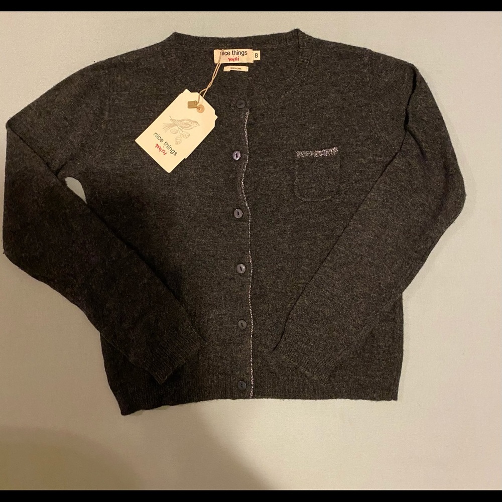 $65 NWT Nice Things Mini 8 Silver Bling Holiday Cardigan Sweater Gray Christmas